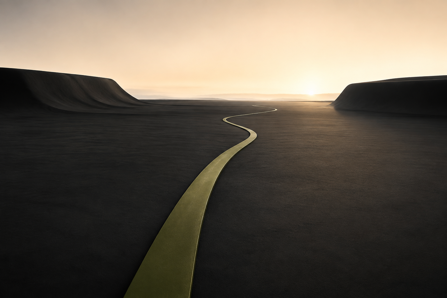 An olive path crossing a dark landscape toward the horizon