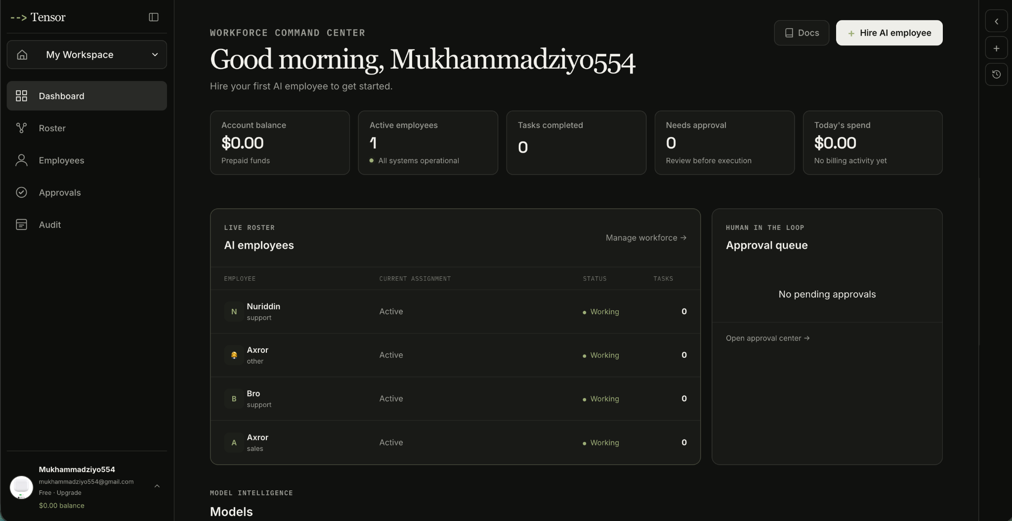 Tensor operating environment dashboard